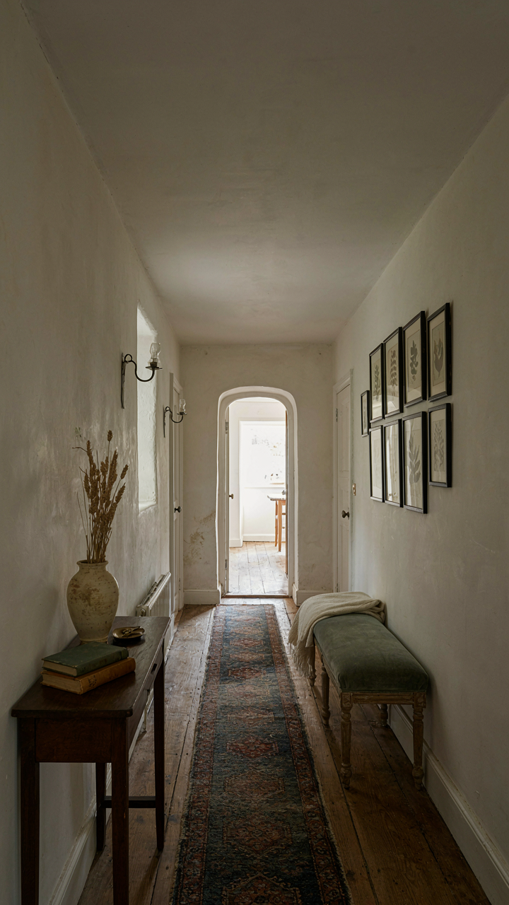 A narrow cottage hallway with a console table at the entry and a bench.