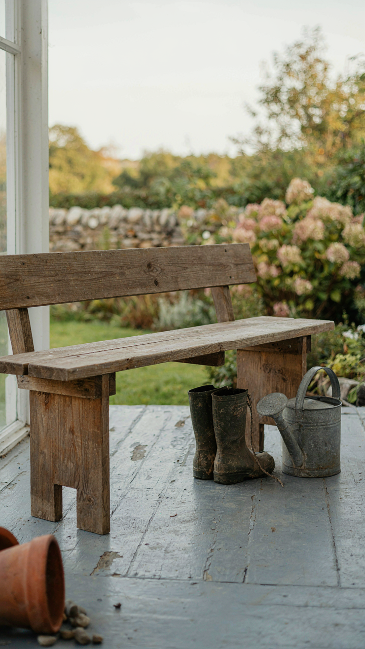A single wooden bench on a cottage front porch, with muddy boots beside it.