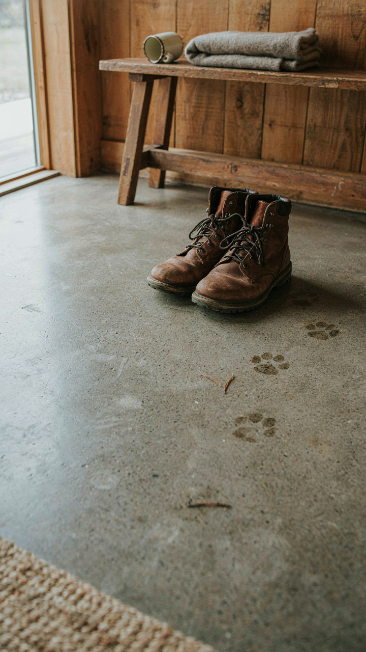 Muddy boots and paw prints on a practical concrete floor in a country style home.