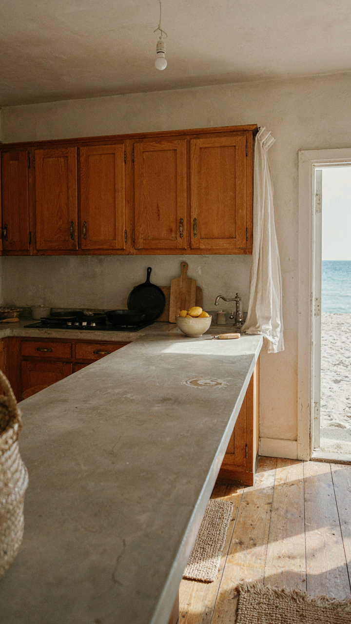 A beach bungalow kitchen with concrete counters and solid wood cabinets.