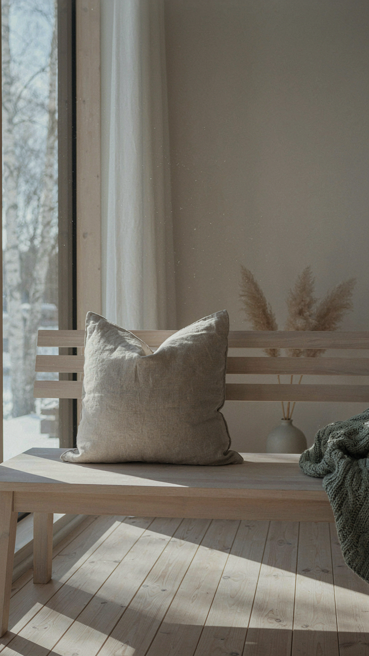A single linen throw pillow rests on a wooden bench in a nordic cabin.