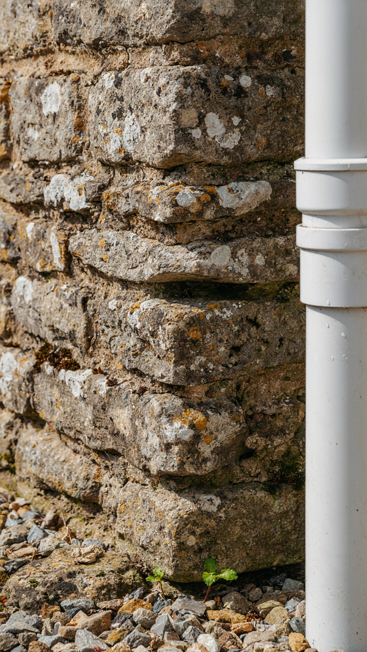 Weathered stone foundation of a farmhouse next to a modern plumbing pipe.