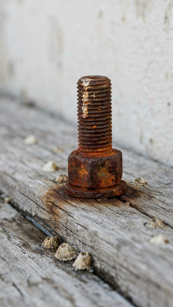 Close-up of a severely rusted steel bolt holding a wooden beam on a fisherman cottage.