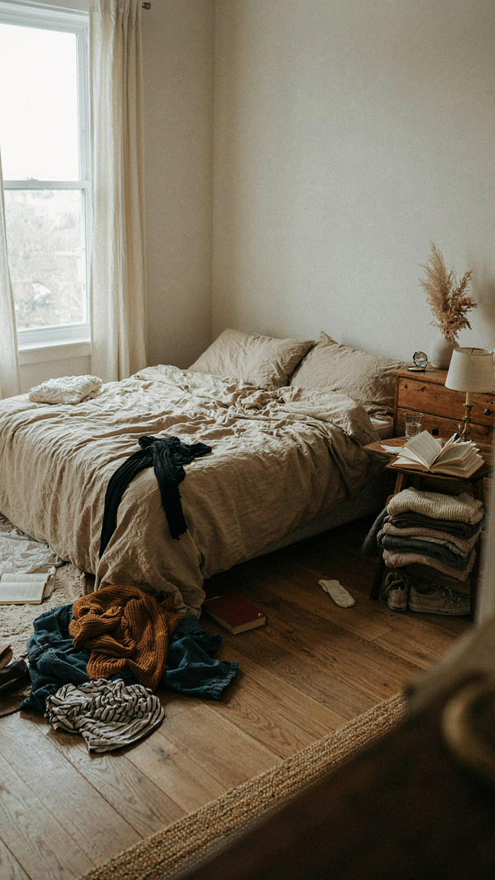 A messy bedroom despite natural materials, showing scattered clothes and an unmade bed.