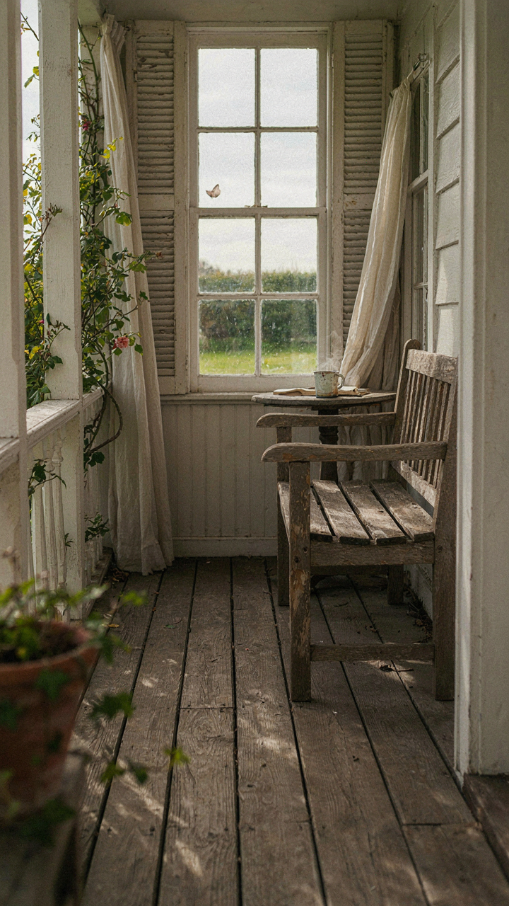 A rustic, weathered cottage sleeping porch with visible gaps for air.