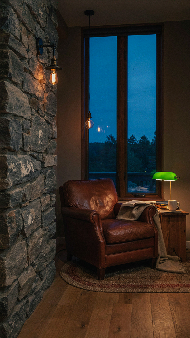 Layered lighting creates warmth in a small cabin interior at dusk.