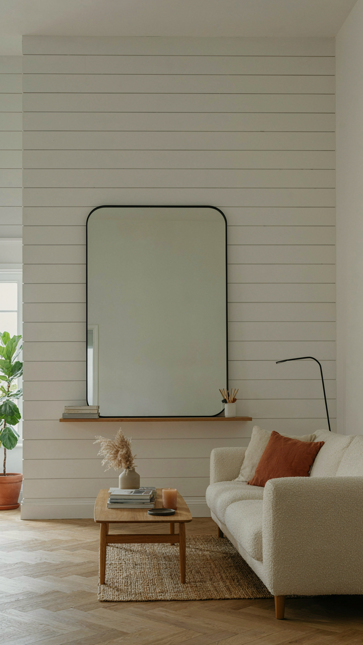 A living room with one horizontal farmhouse shiplap wall and a large mirror.