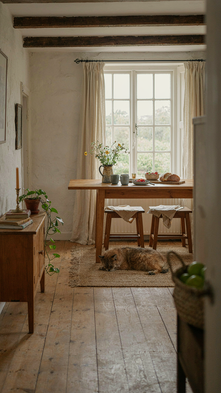 A cottage dining room with the table positioned by a window for natural light.