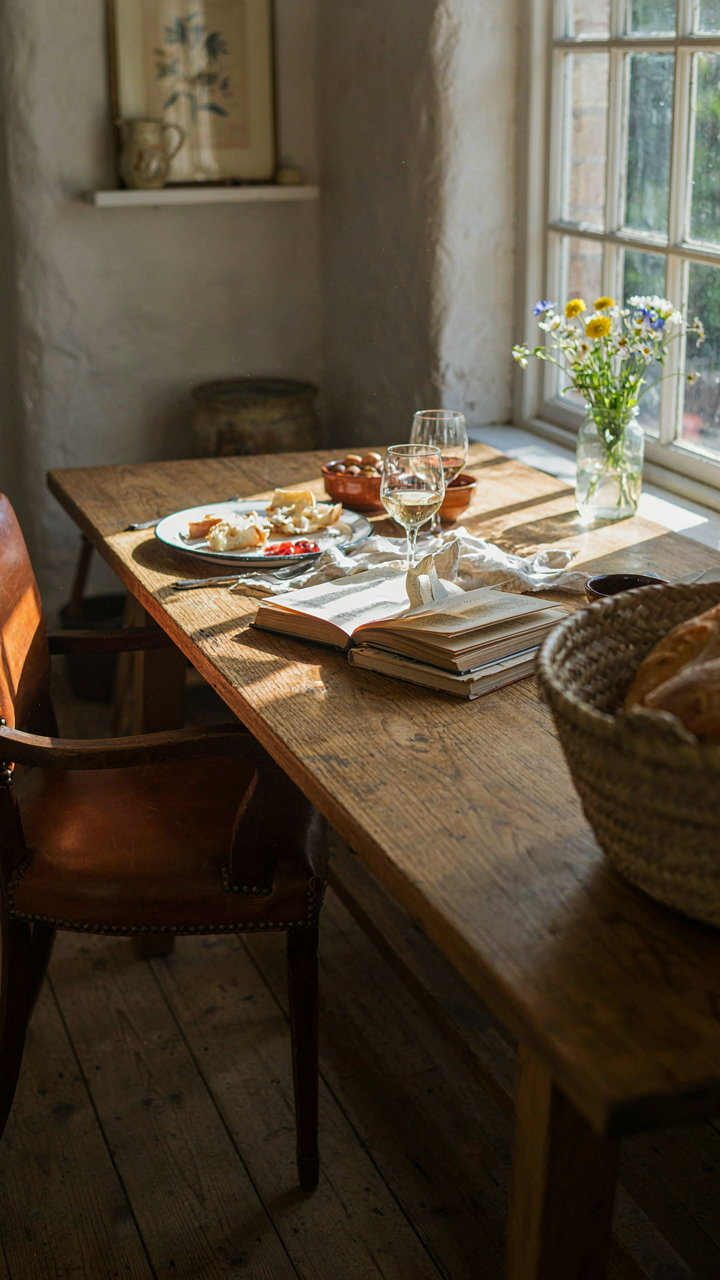 A well-used wooden table in a French farmhouse, showing signs of daily life.