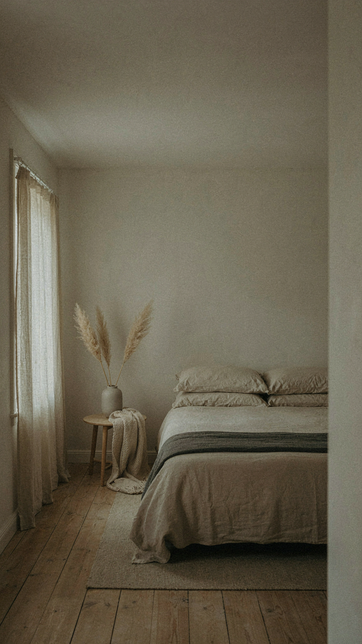 A simple cottage bedroom with a consistent color scheme creates a peaceful mood.