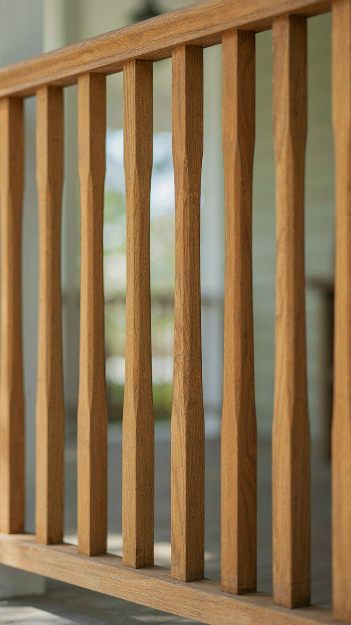 Close-up of a craftsman porch railing with square, tapered spindles.