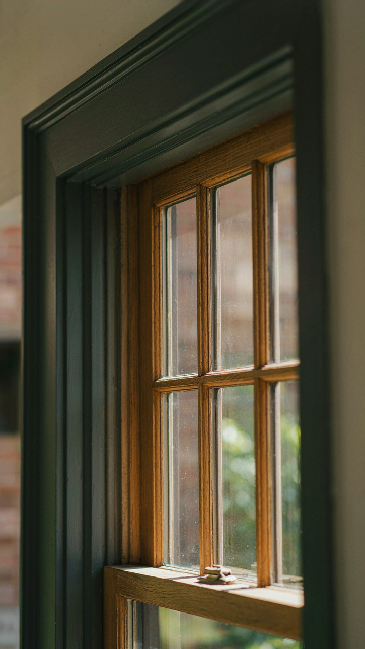 Dark window trim frames a natural wood window on a craftsman home.