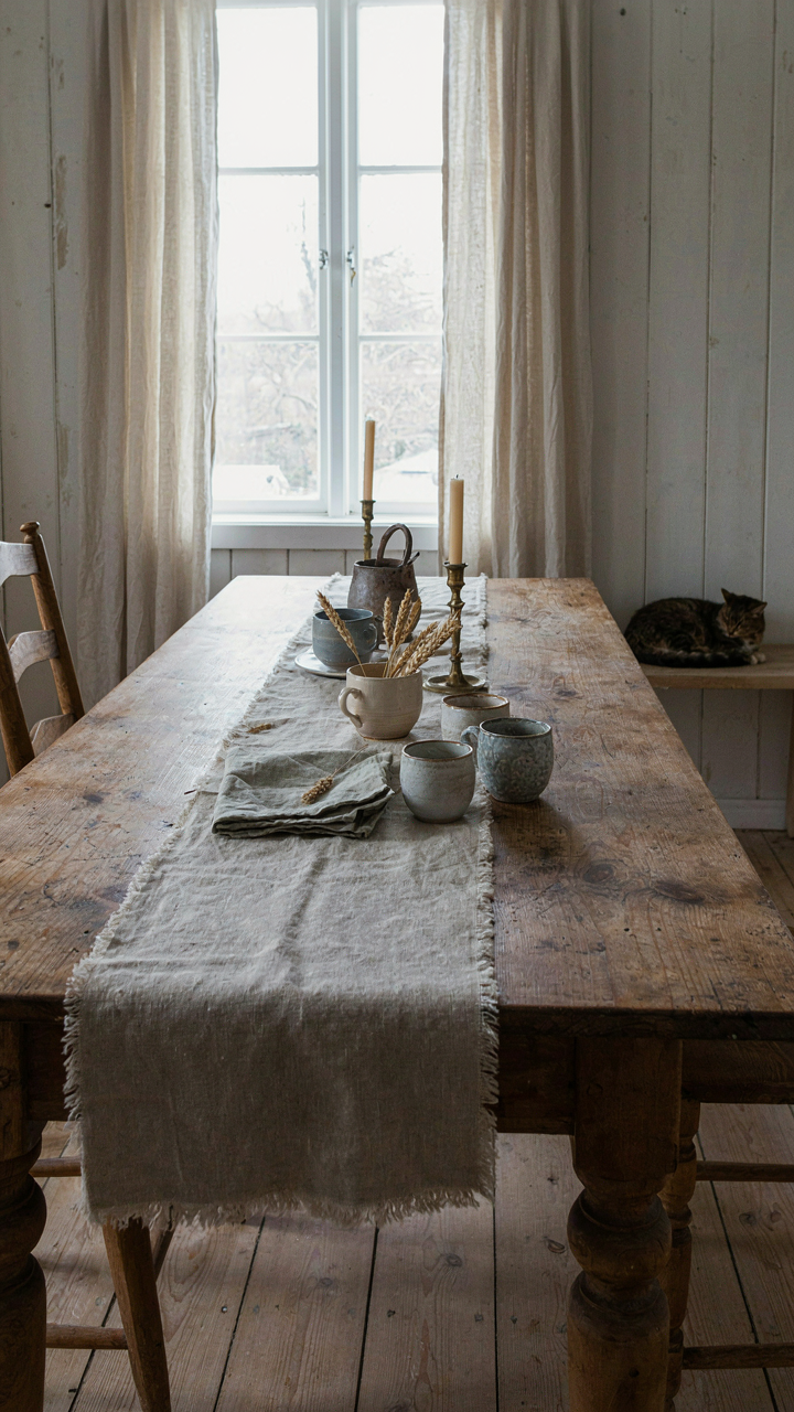 An antique wooden table, scratched and dark from decades of family use.