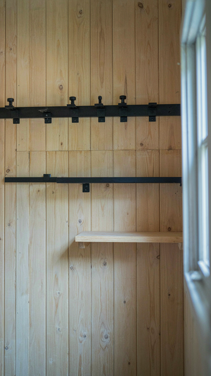 A cabin wall with mounted rails and adjustable shelving brackets.