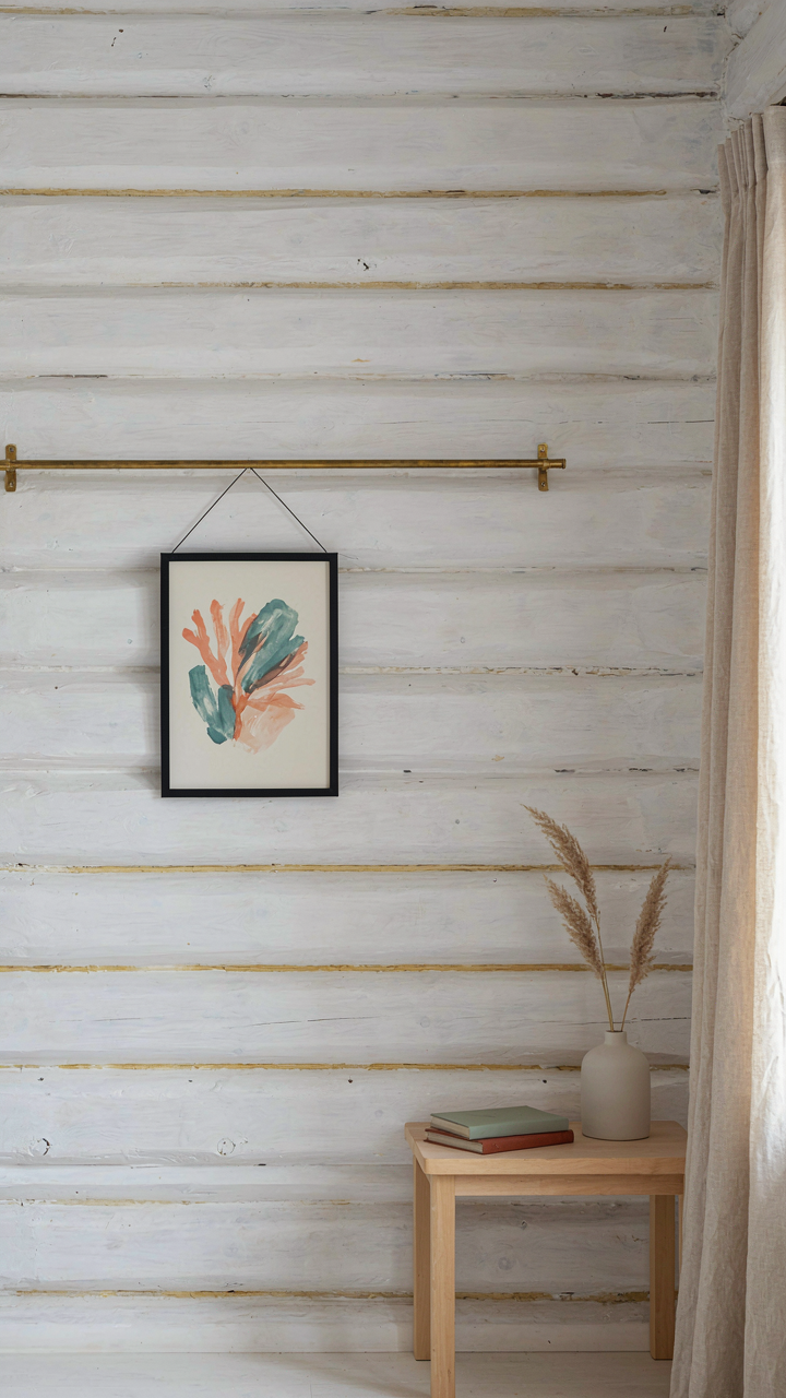 White painted log wall showing subtle wear and patina from daily life.