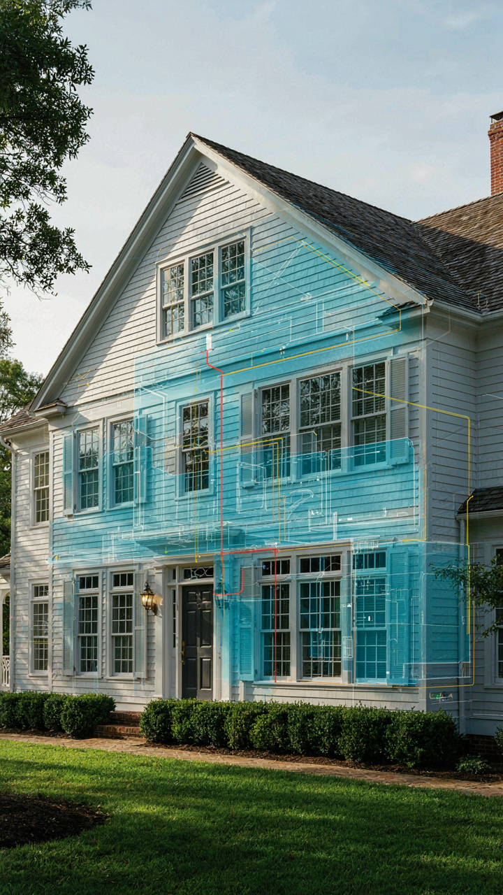 A blueprint overlaid on a colonial revival house exterior shows internal systems.
