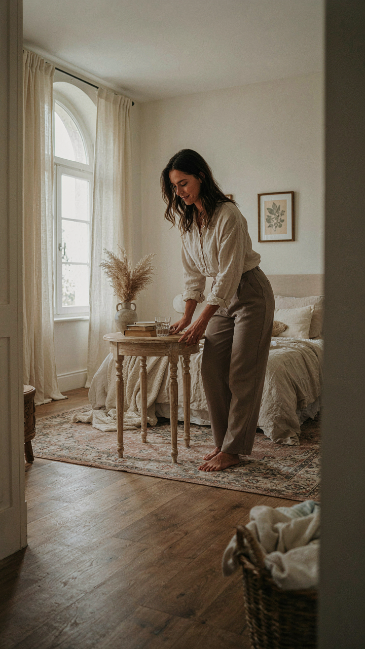 A woman adjusts a small side table in a french country bedroom, evolving the space.