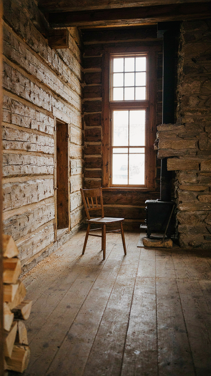A log cabin living room with an unfinished log wall and an empty corner.