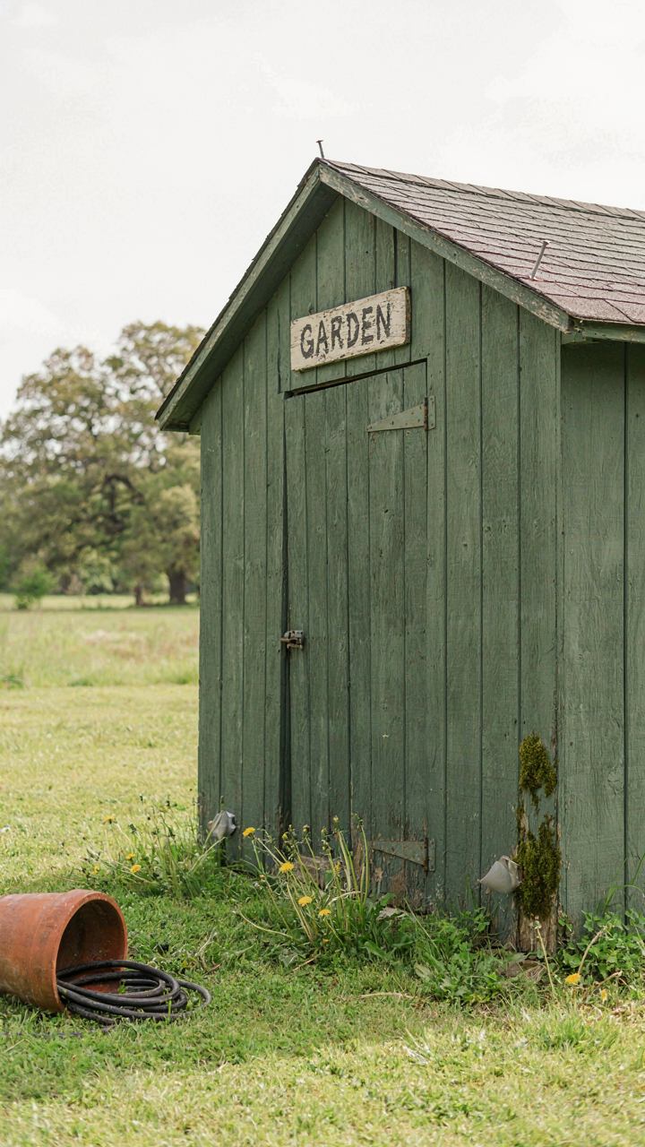 A rustic garden shed shows minor disrepair, including peeling paint and moss.
