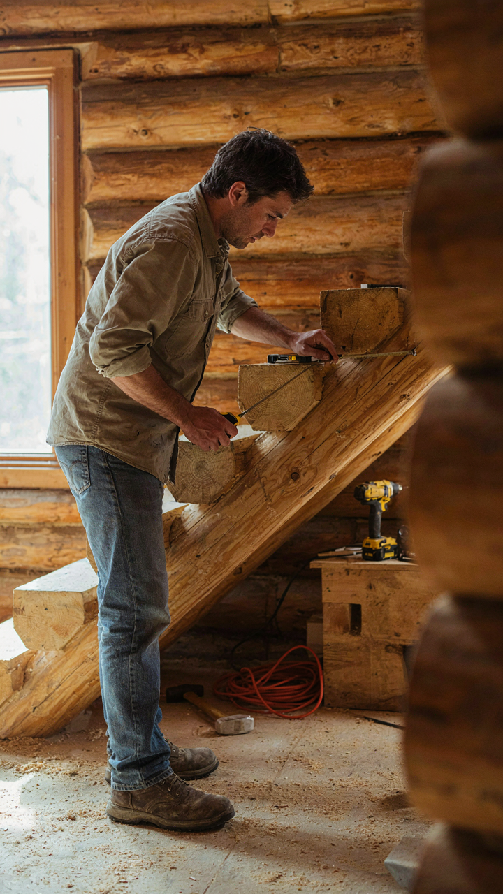A carpenter precisely measuring the pitch and run of a log staircase.