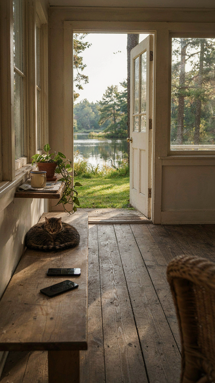 A deep, peaceful porch looks out to nature, with a closed door to the house.