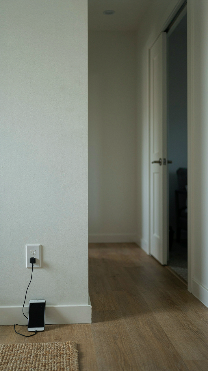 Smartphone charging in a hallway outside a slightly ajar bedroom door.