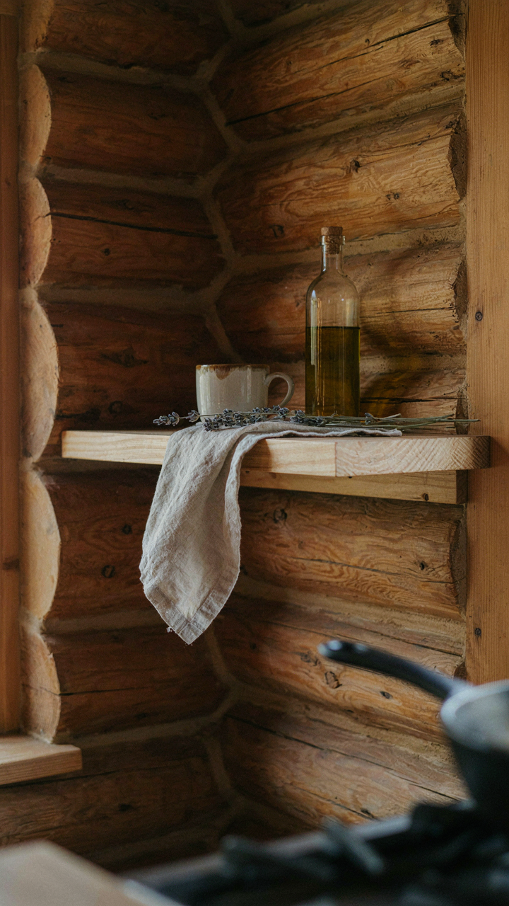 A floating wooden shelf built into a log wall in a cabin kitchen.