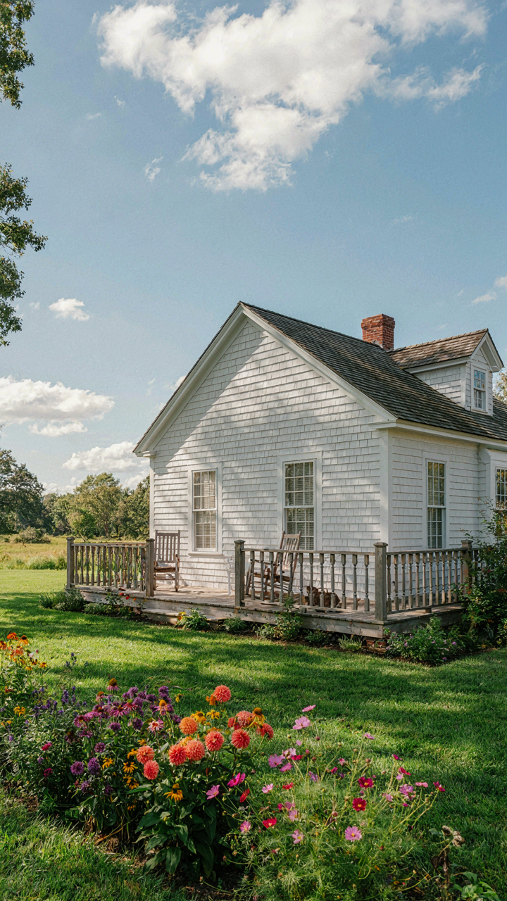 A small cottage with a wide wraparound porch and a lush green lawn.