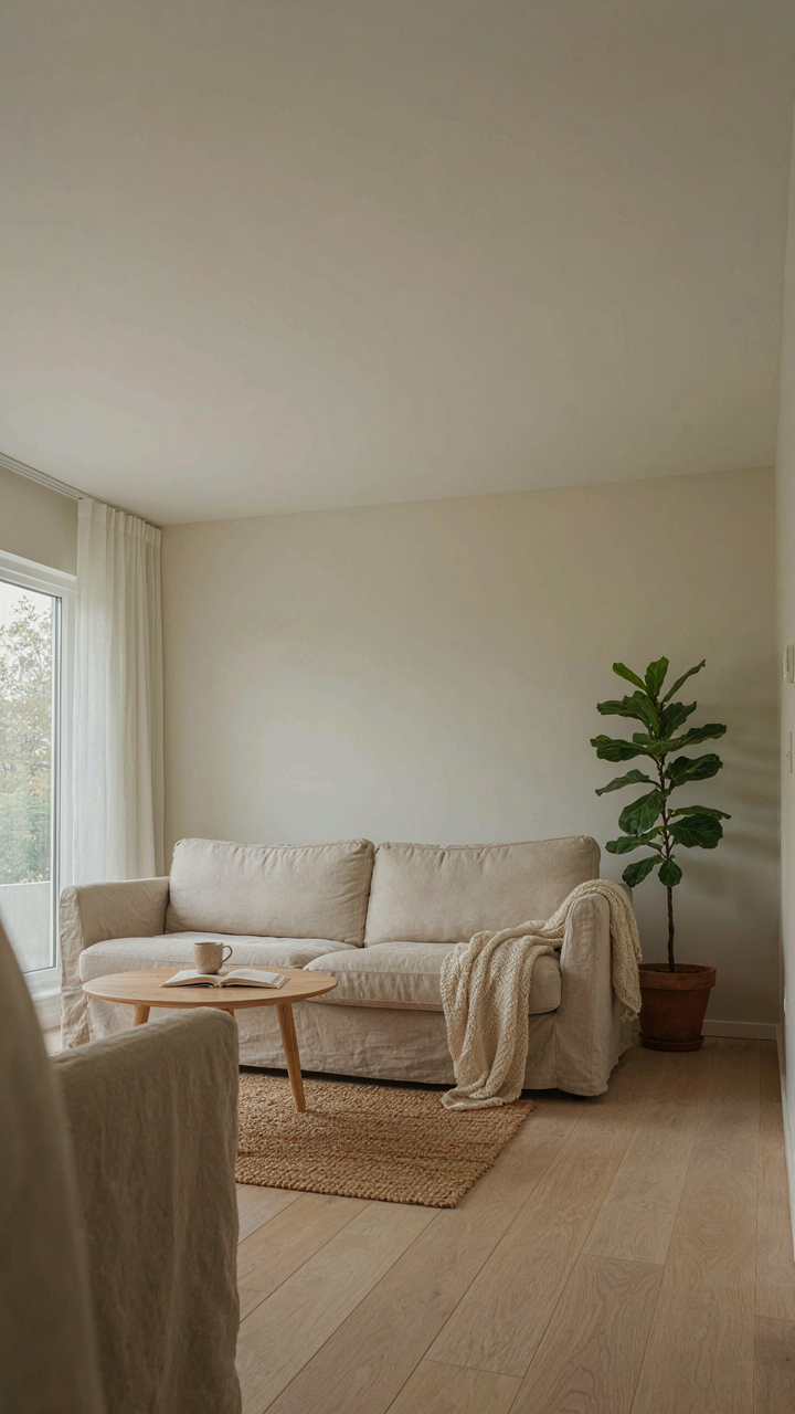 A bright, simple living room with a sofa and plant, free of clutter.