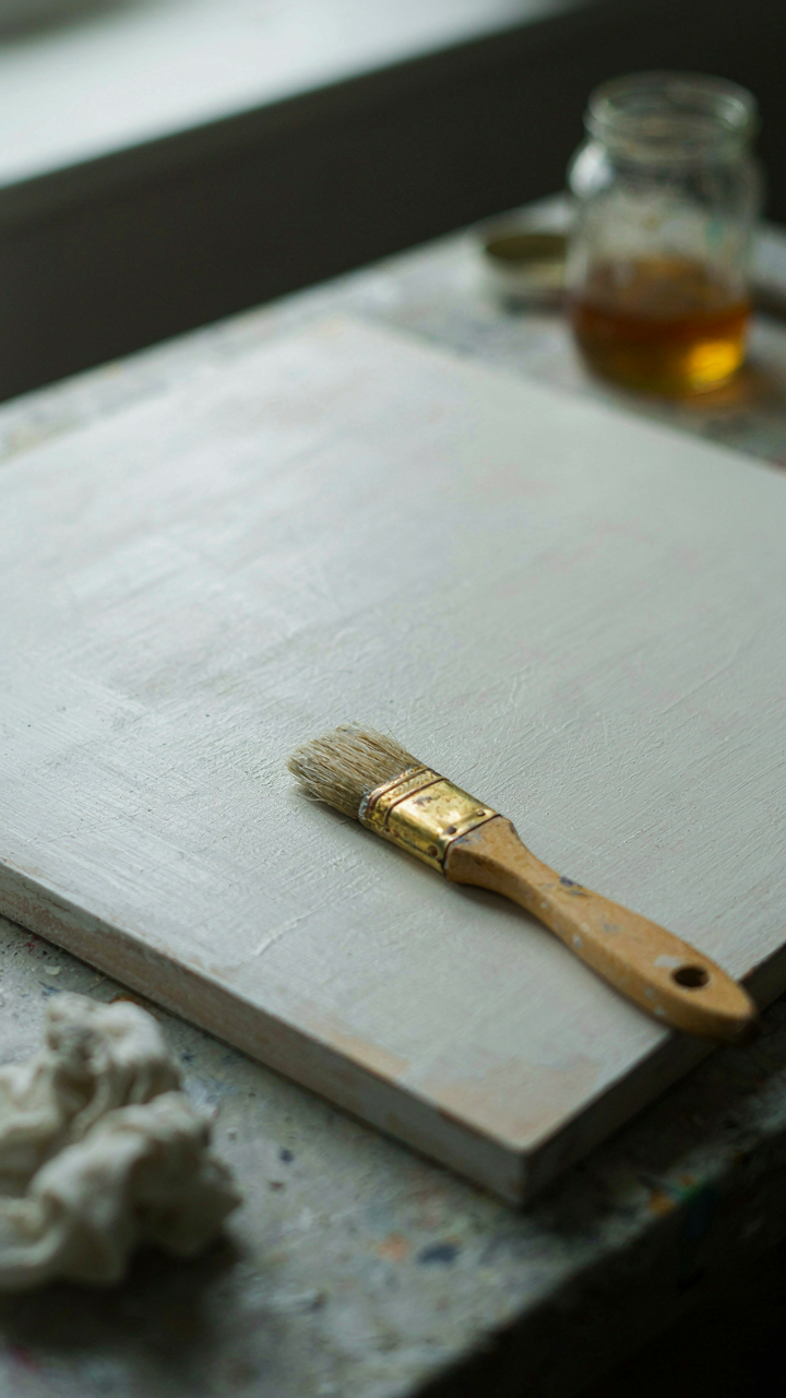 A perfectly primed wooden board, smooth and ready for paint.