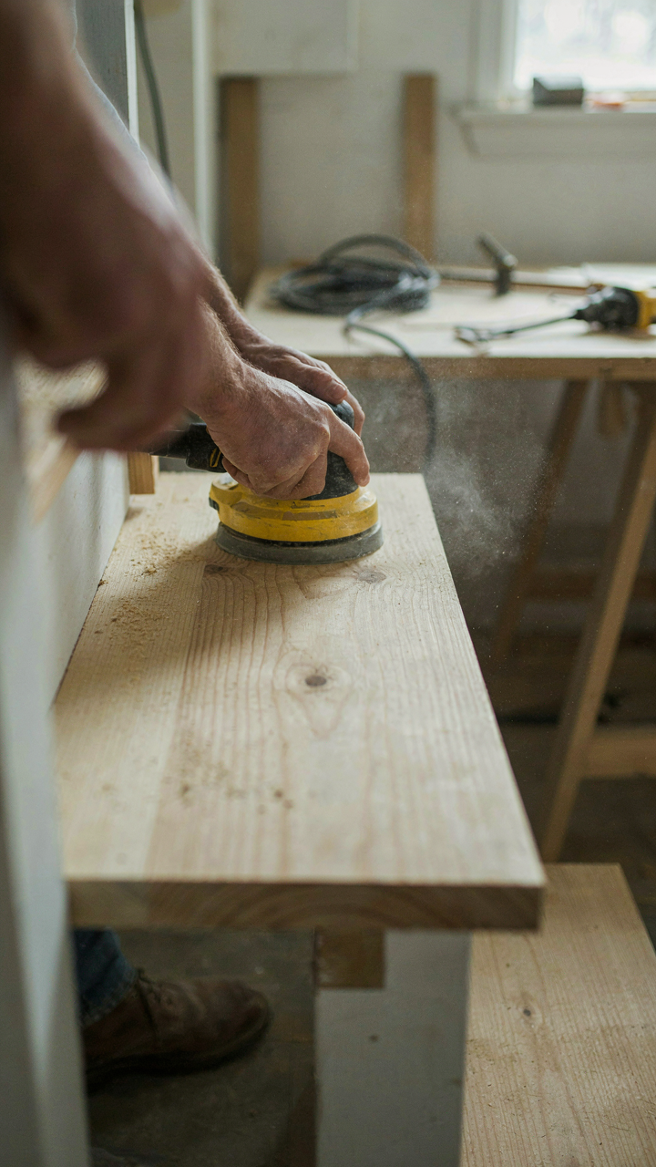 A carpenter's hands sanding a pine stair tread, showing wood grain and sawdust.