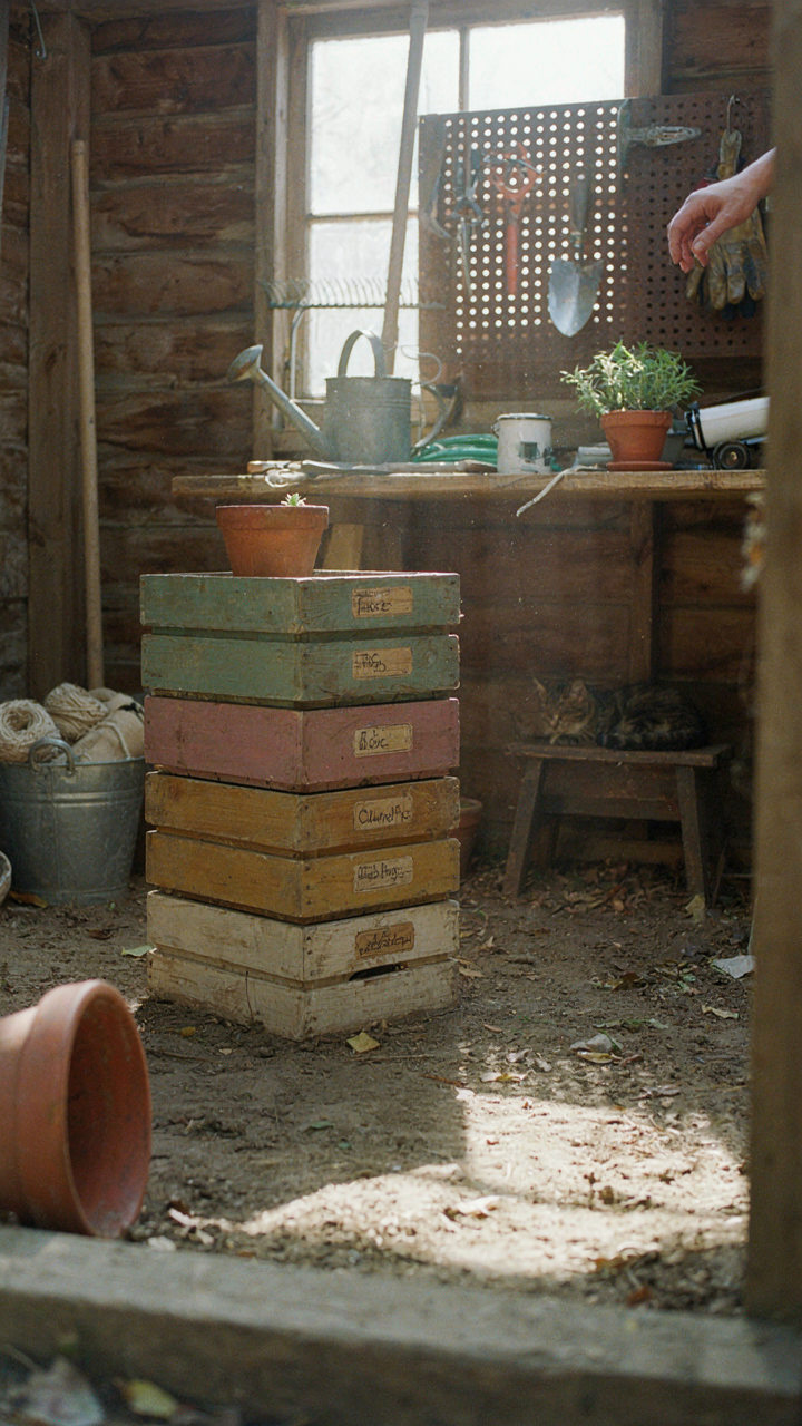 A person searches for a tool in a cluttered garden shed with decorative storage.