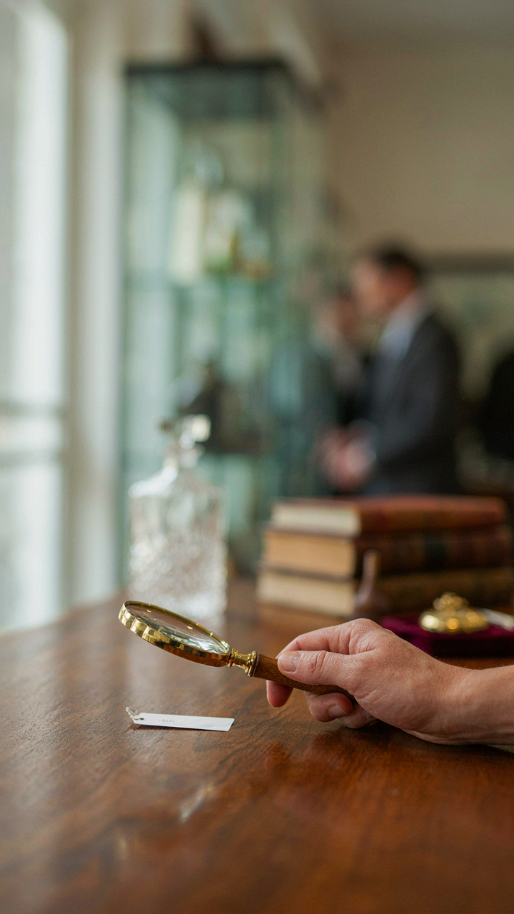A hand holds a magnifying glass over an expensive price tag.