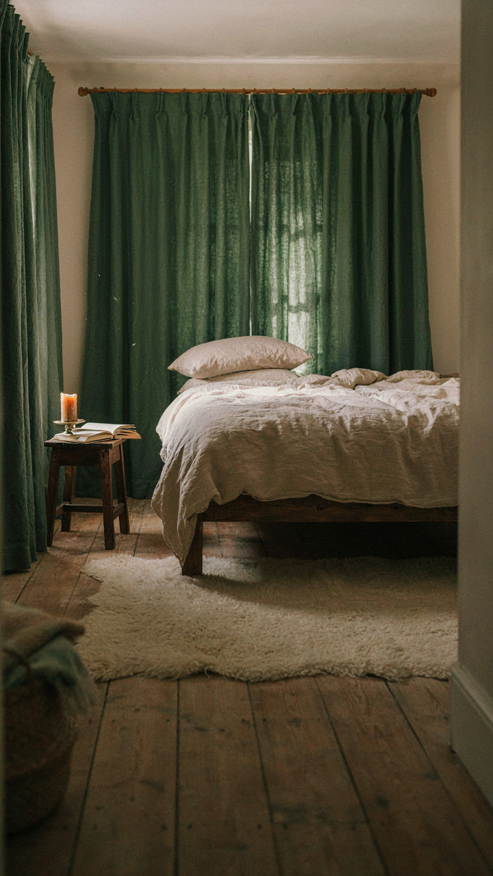A plush wool rug and heavy wool curtains in an english cottage bedroom.