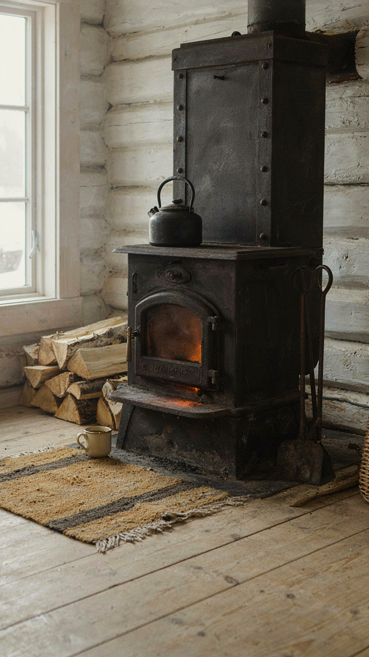 A well-maintained, glowing cast iron wood stove in a rustic cottage.