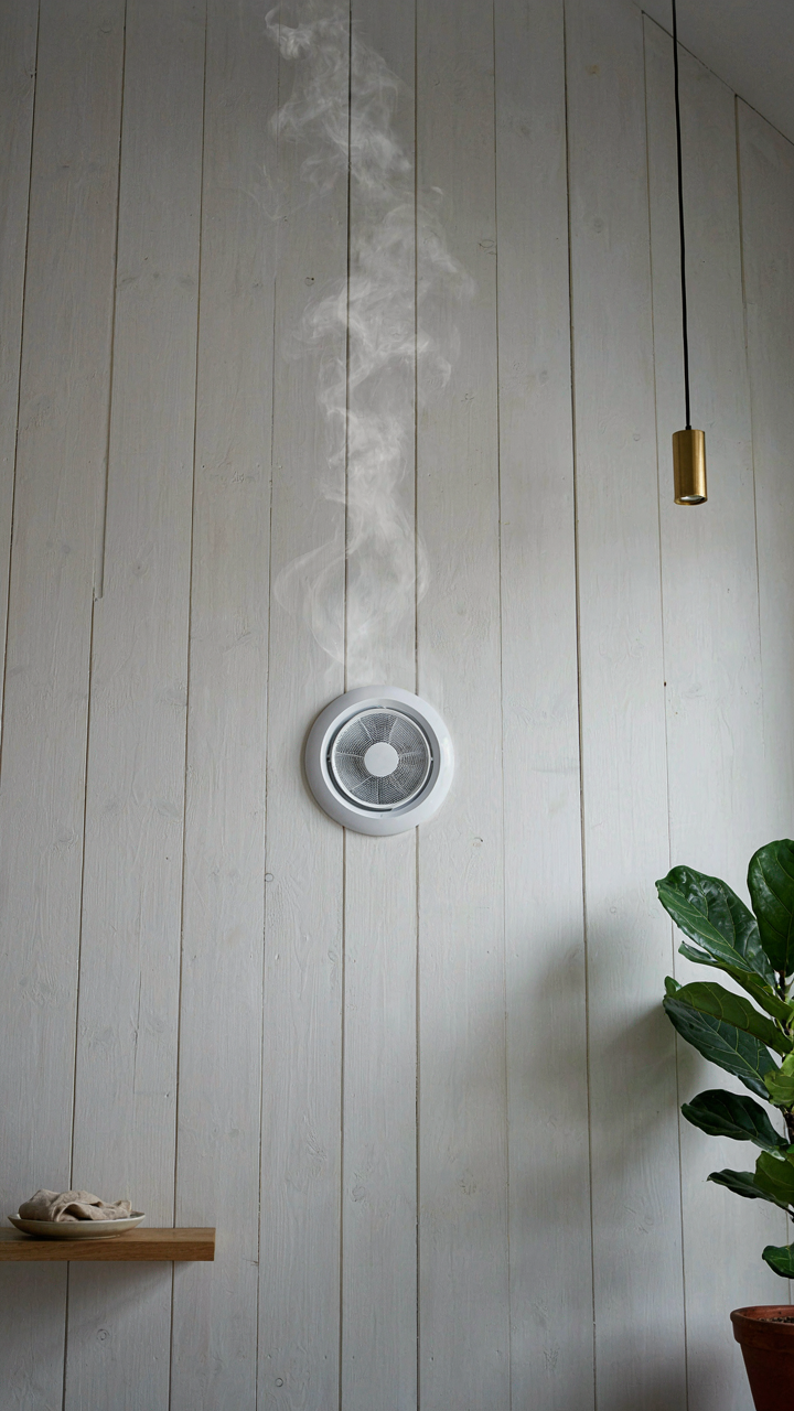 An exhaust fan vent on a whitewashed wood ceiling with steam.