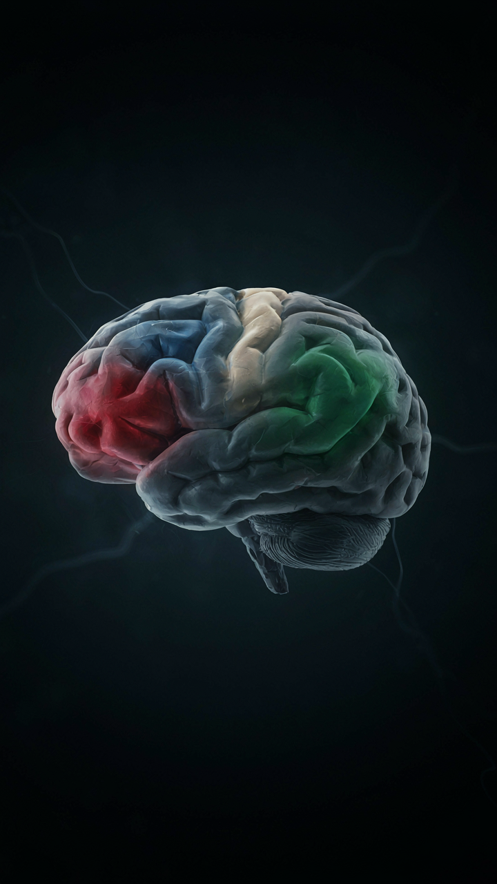 A scientific brain scan highlighting different areas with various colors.