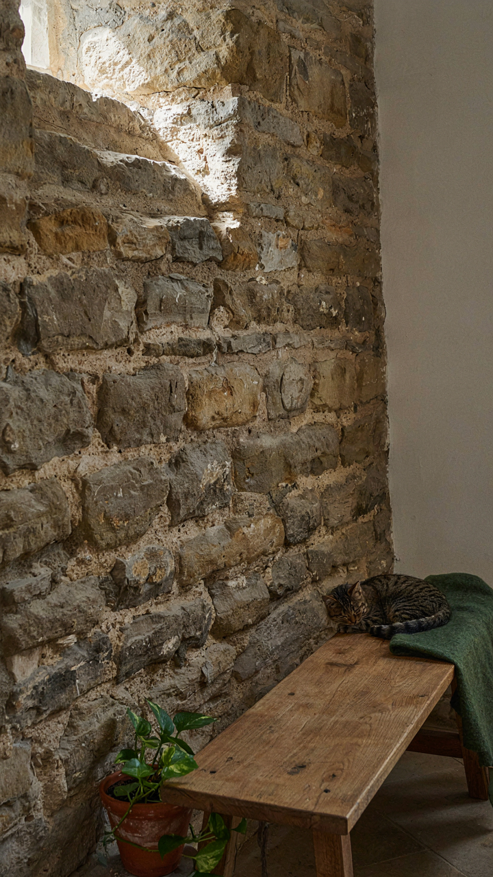 Sunlight warms a thick, ancient stone wall inside a cozy cottage.