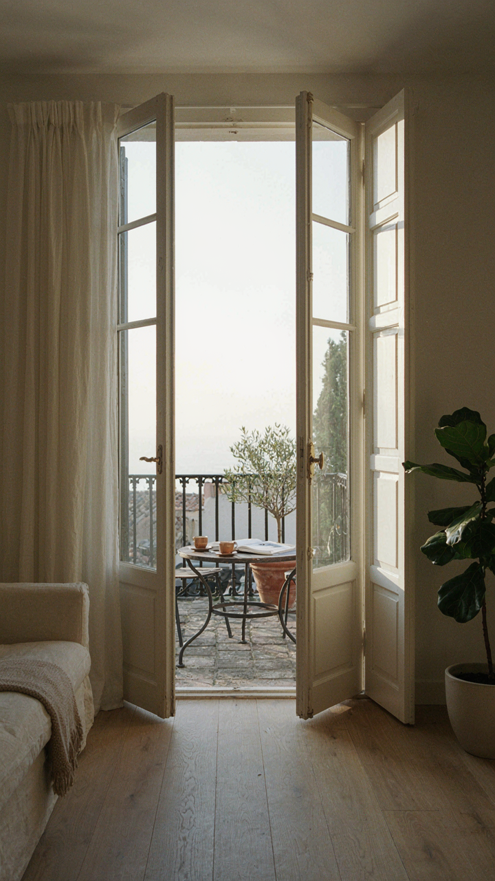 French doors fully open, connecting an interior room to an outdoor terrace.