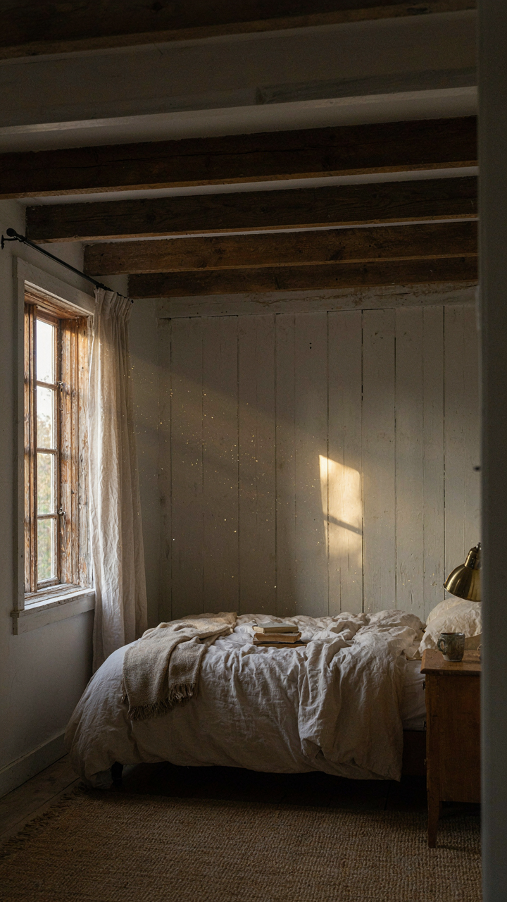 Sunlight from one window spans a barn loft bedroom, hitting an opposite wall.