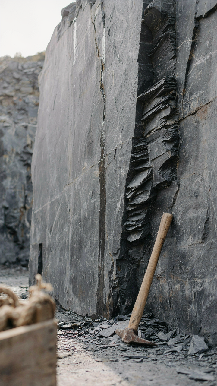 A geological cross-section shows layers of dark grey slate splitting naturally.