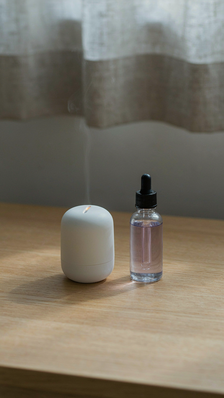 Small essential oil diffuser and a glass bottle of lavender oil on a nightstand.