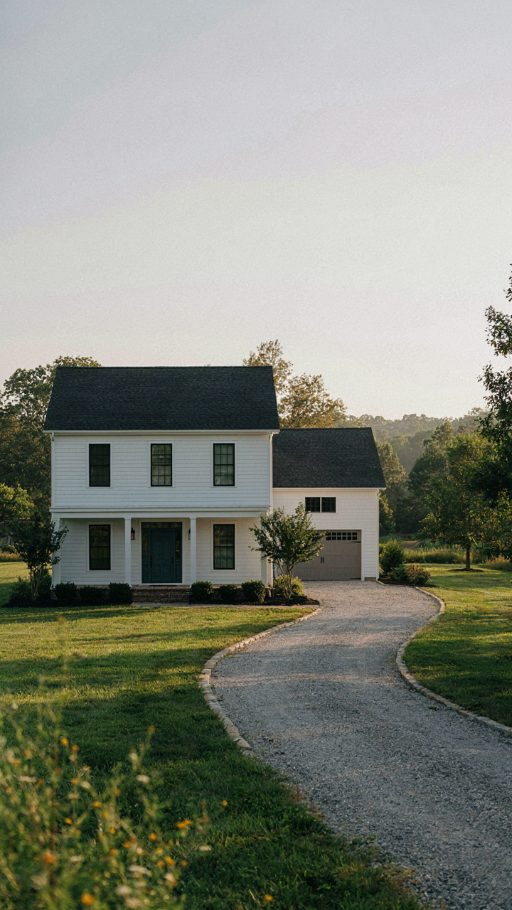 A farmhouse with a side-load garage, where the house dominates the view.