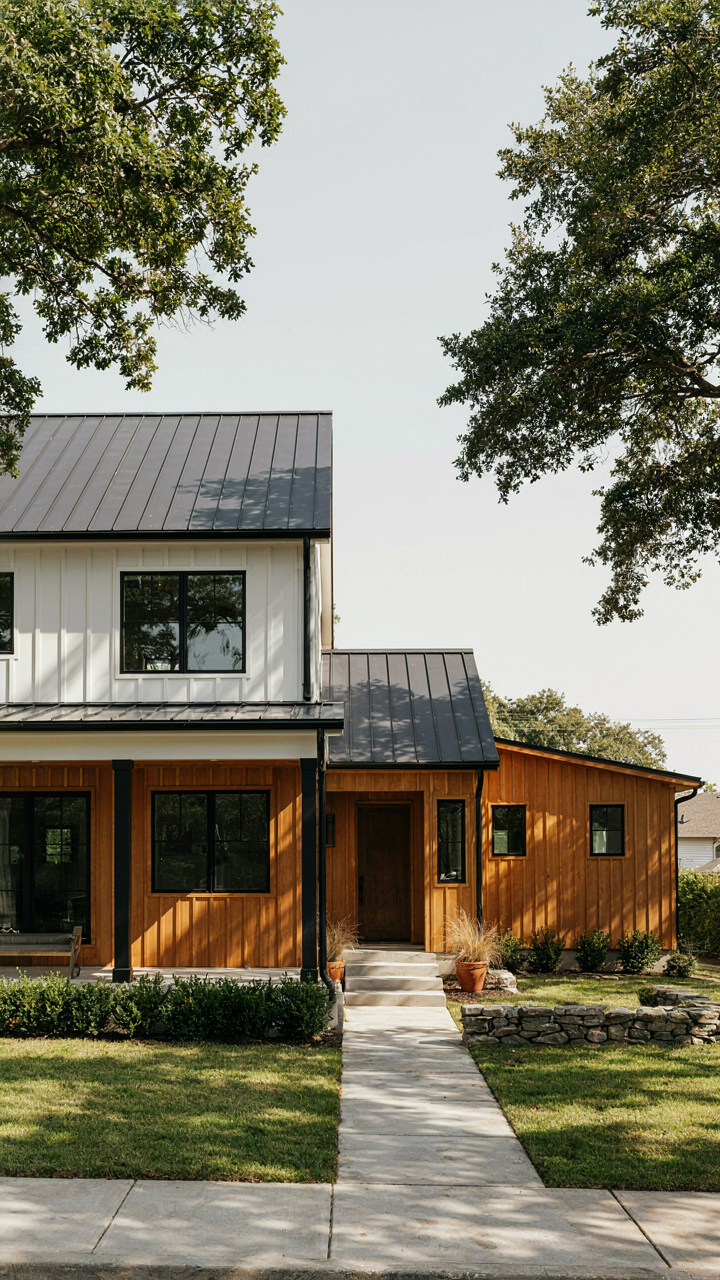 A modern farmhouse with a separate side entrance leading to an in-law suite.