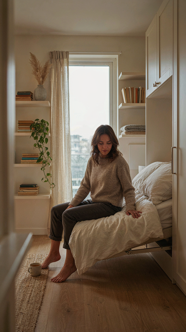 A woman sits on a Murphy bed integrated into a wall with shelves.