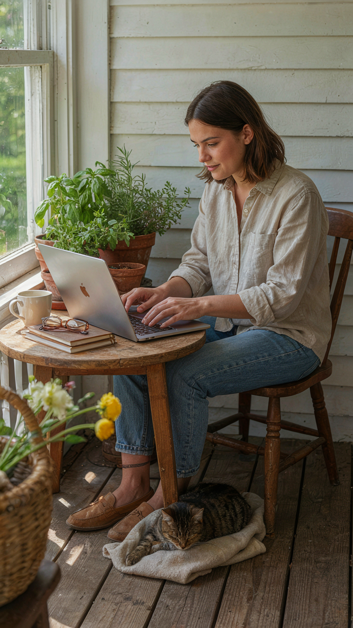 A person works on a laptop at a table on a tiny cottage porch.