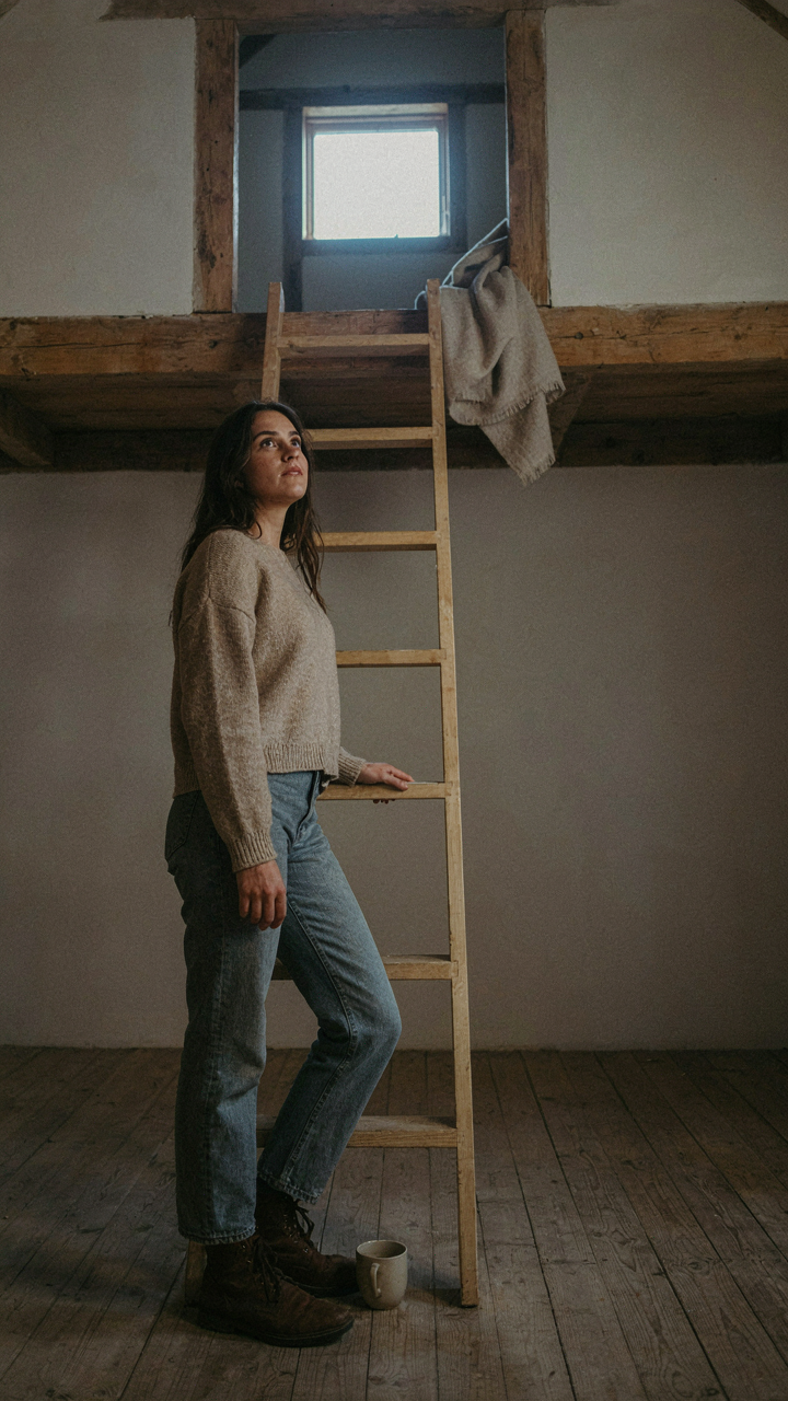 A person looks up a ladder leading to a cabin loft, symbolizing intentional access.