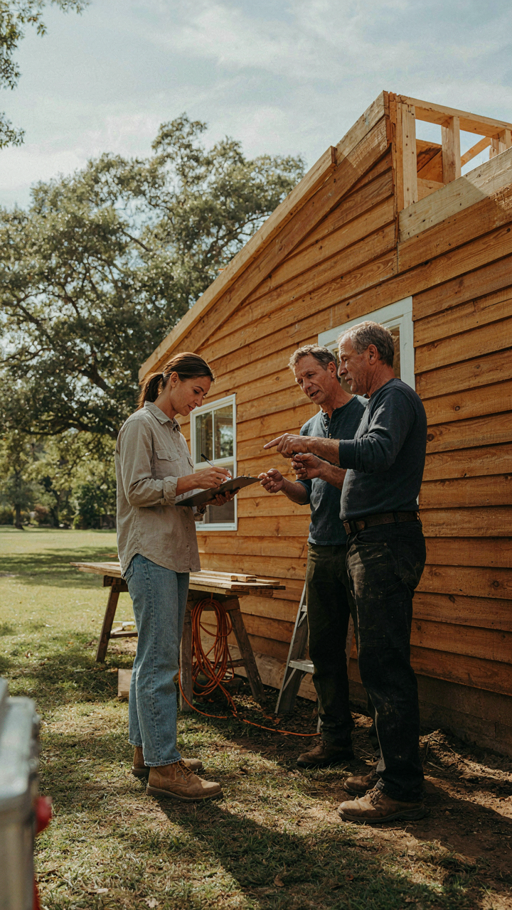 A homeowner with a clipboard talks to a contractor at a half-built cottage.