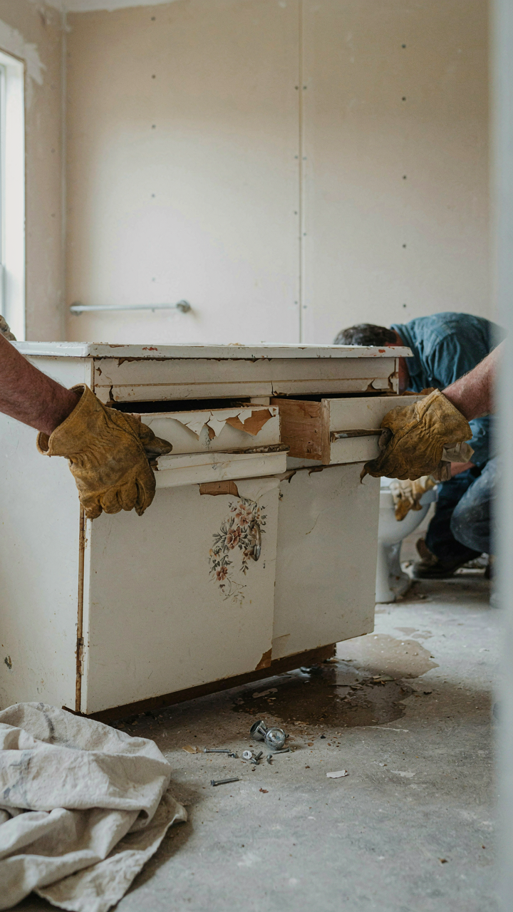 A cheap particle board vanity with peeling laminate is removed from a bathroom.