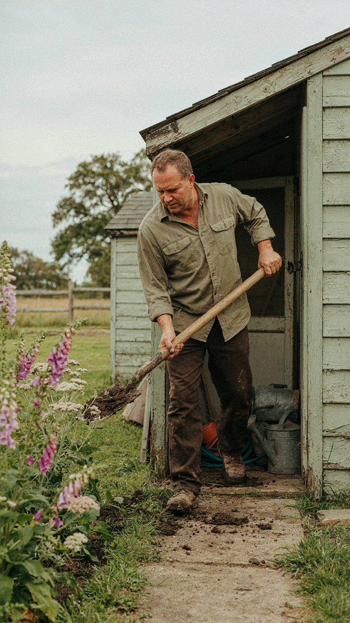 A person struggles to carry a large garden tool through a narrow shed porch entrance.